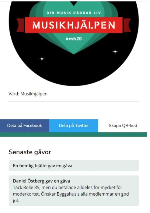 Skärmdump av insamlingssida med Musikjälpens logo och kommentarer från givare.