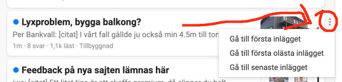Navigationsknapp synlig vid musöverföring i en diskussionstråd på ett forum.