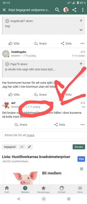 Skärmdump av ett diskussionsforumsgränssnitt med markeringar kring poäng på en användarprofil.