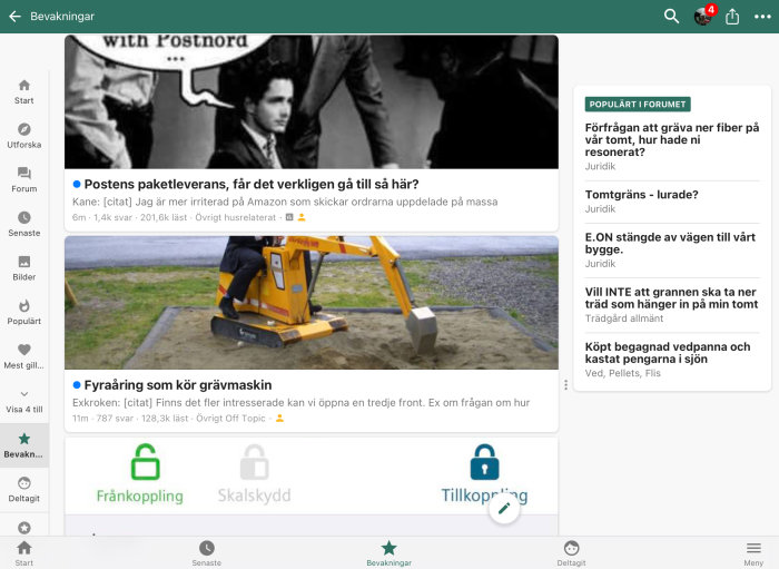 Skärmavbild av ett forummeddelande med bild på en grävmaskin och rubrik "Fyraåring som kör grävmaskin".