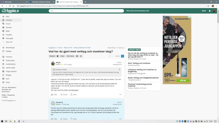 Skärmbild av ett forum på Byggahus.se med en tråd om verktyg och maskiner, inlägg och sidomeny syns.