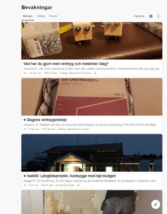 Skärmdump av forumets bevakningslista med trådar och bildförhandsvisningar inom kategorin verktyg och byggprojekt.