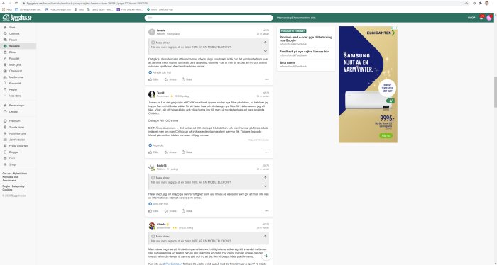 Skärmdump av ett forum där text och kommentarsfält fyller en tredjedel och en stor reklambanner tar upp resten.
