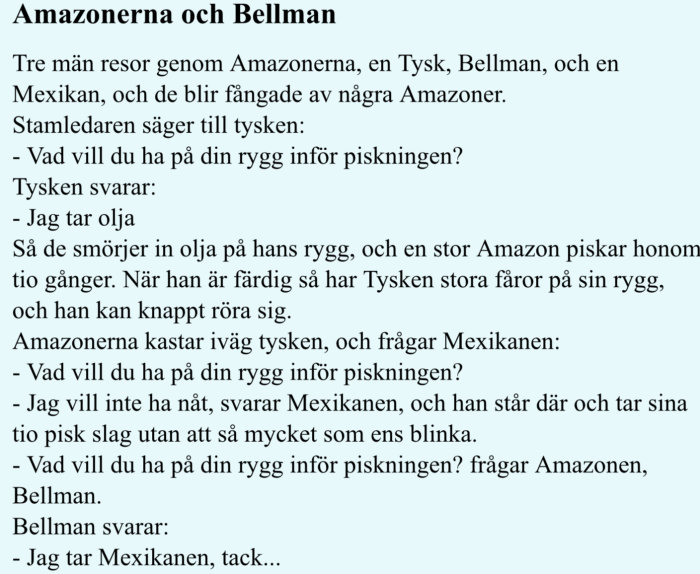 Skärmdump av texturklipp med titeln "Amazonerna och Bellman" som innehåller en humoristisk historia på svenska.