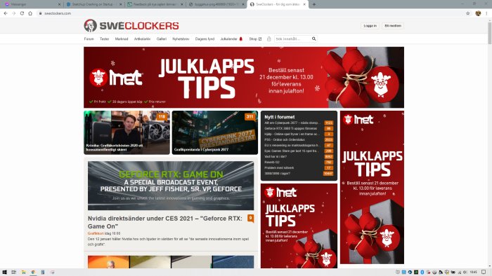 Skärmbild av Sweclockers webbsida med julklappstips, forumtrådar och grafikkortsinformation.