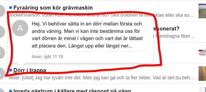 Skärmdump av diskussionsforum med fokus på en trådrubrik och en förhandsvisning av inläggets text.