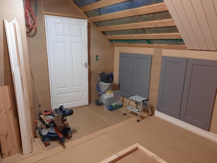 Ombyggnadsarbete i ett oinrett sovrum med öppet snedtak, synliga radiatorer, dörr och byggmaterial.