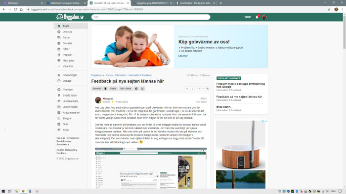 Skärmdump av ett forummeddelande där användaren föreslår designändringar, med centrerad meny och sidopanel med reklam.
