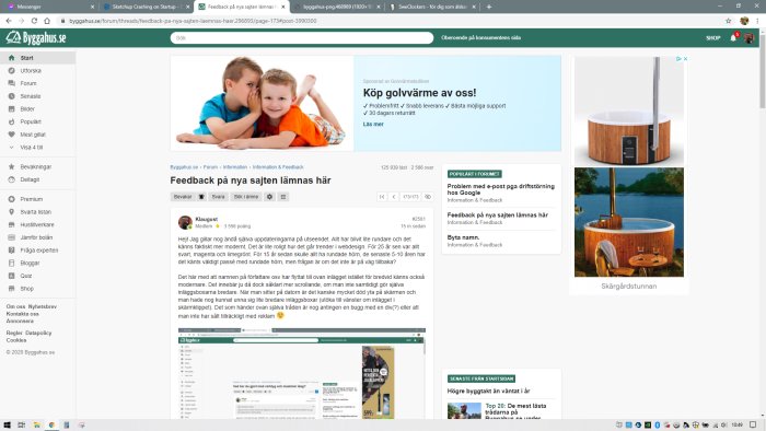 Skärmdump av webbforumstråd med användarkommentar och mockups för sidlayout, inklusive sidomeny och reklam.