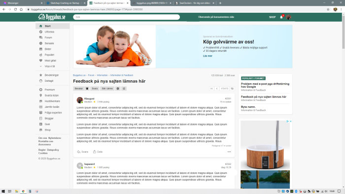 Skärmdump av ett forum med diskussionstrådar, menyflyttning och reklam i sidopanel.