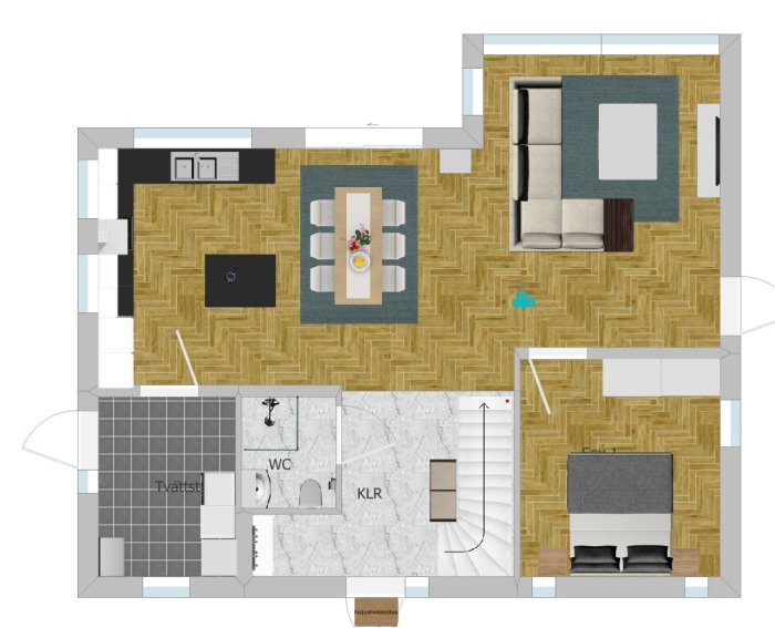 Översiktsplan av en lägenhet efter förkortning av köksön till 120 cm med möblering i vardagsrum, kök och andra rum.