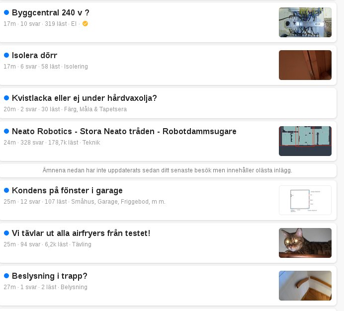 Skärmbild av ett diskussionsforum med små, otydliga miniatyrbilder bredvid ämnesrubriker.