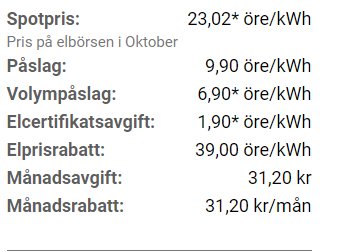 Elprislista med spotpris och diverse avgifter för elanvändning i ett radhus.