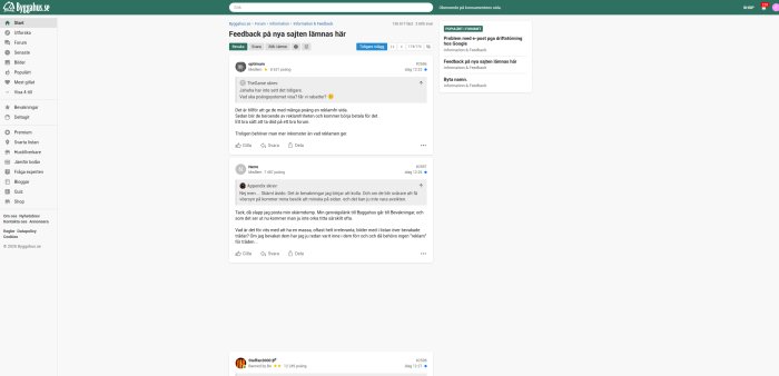 Skärmdump av ett diskussionsforum där användare delar feedback om en webbplatsdesign och saknad information.