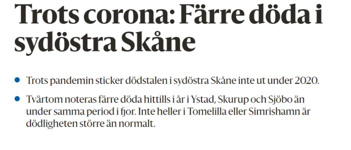 Artikelrubrik och text om minskat antal dödsfall i sydöstra Skåne trots coronaviruspandemin 2020.