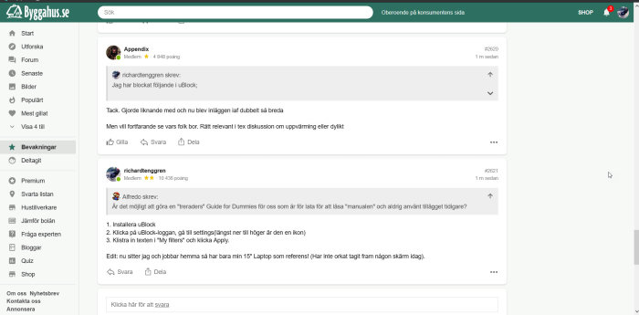 Skärmbild av en diskussionstråd på Byggahus.se med inlägg om att blockera innehåll med uBlock.