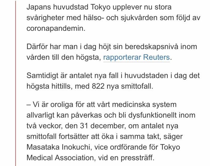 Skärmdump av text om Tokyos ökade antal COVID-19 fall och hälsovårdsutmaningar.