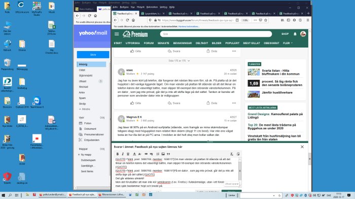 Skärmdump av en dator med flera öppna programfönster, inklusive en webbläsare med ett forum.