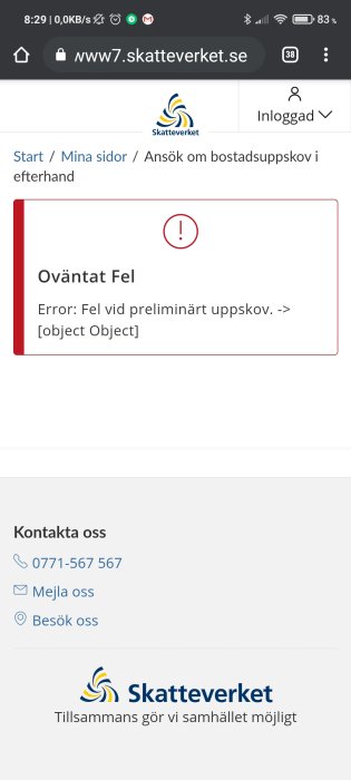 Felmeddelande på Skatteverkets hemsida vid ansökan om bostadsuppskov.