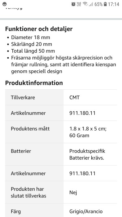 Skärmdump av en produktspecifikationssida för en fräs med detaljer om mått och vikt, utan synlig produktbild.