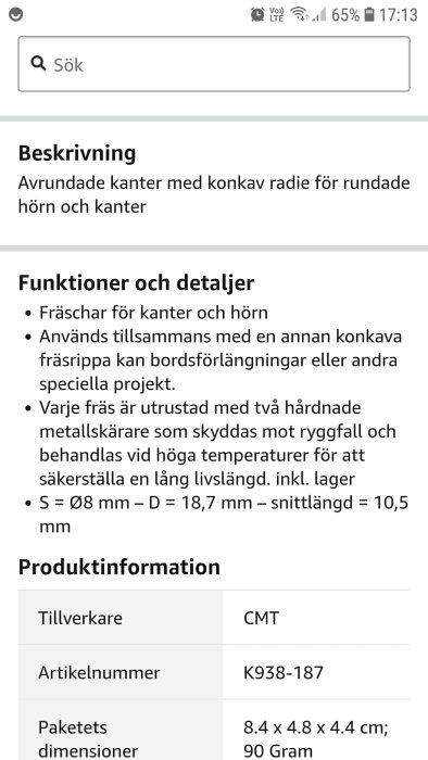 Skärmdump av produktbeskrivning för fräs med specifikationer och artikelnummer.