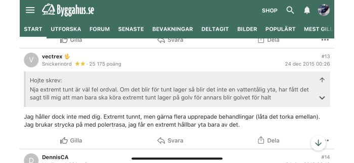 Skärmdump av diskussionstråd på Byggahus.se med inlägg och användarkommentarer.