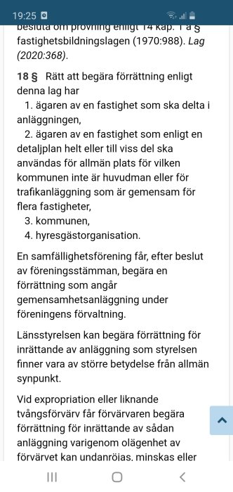 Skärmdump av text från den svenska fastighetsbildningslagen med rubriken 18 § Rätt att begära förättning.