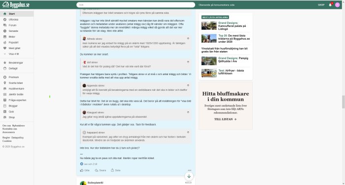 Skärmdump av ett diskussionsforum på Bygghaus.se med öppen tråd i webbläsaren Firefox på en 1920x1200 skärm.