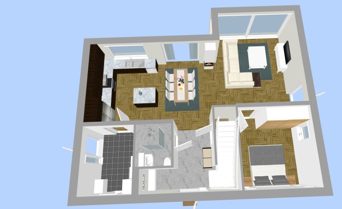 3D-ritning av en husplan med trappa nära en dörr, möblerat vardagsrum, kök och badrum.