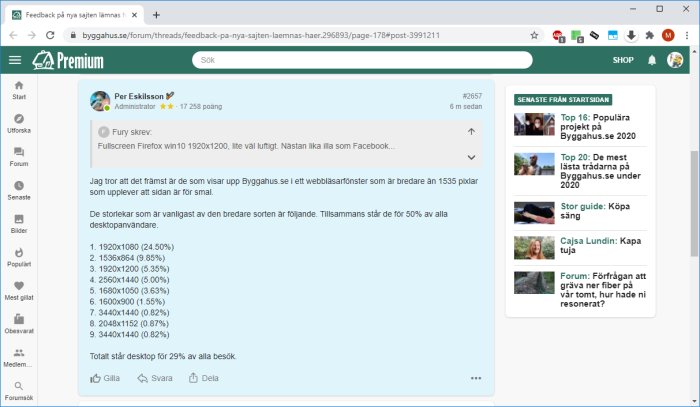 Skärmdump av diskussionsforum med användarkommentarer och statistik över skärmupplösningar.