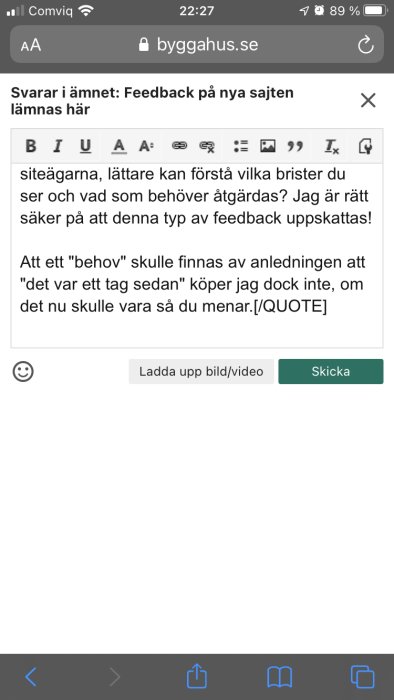 Skärmdump av en mobilskärm som visar en användares inlägg på ett forum på byggahus.se.