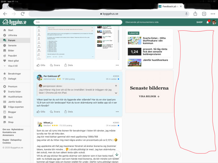 Skärmdump av diskussionsforum med 12,9 tums iPad Pro i landskapsläge och en röd rektangel som markerar framtida annonsplats.