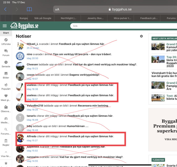 Skärmdump av ett diskussionsforum med en användares notissida som visar olika notiser och interaktioner.
