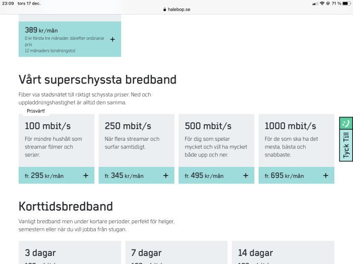 Skärmbild från Halebops hemsida som visar olika bredbandsabonnemang och priser.