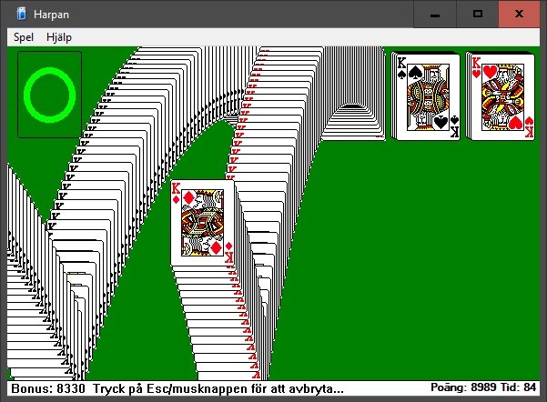 Skärmbild av datorspel "Harpan" med en nästan komplett spelrunda, hög poäng och speltid.
