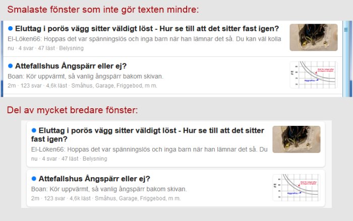 Skärmdump av diskussionsforum med två inlägg om eluttag och attefallshus, inklusive bilder av lösa kablar och diagram.