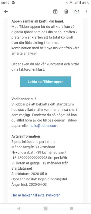 Skärmbild av ett elavtal från Tibber med information om priser och villkor på en mobiltelefon.