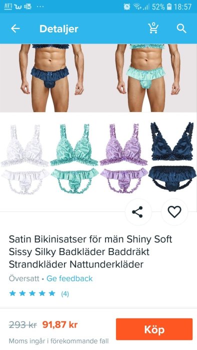 Satängbikinisar för män i olika färger visas på en skärmdump från en webbshop.