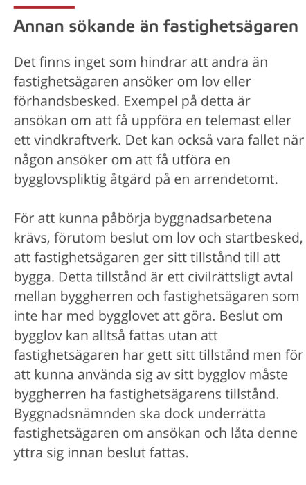 Skärmdump av ett inlägg som beskriver kravet på fastighetsägarens tillstånd vid ansökan om bygglov som inte är knutet direkt till ägandet.
