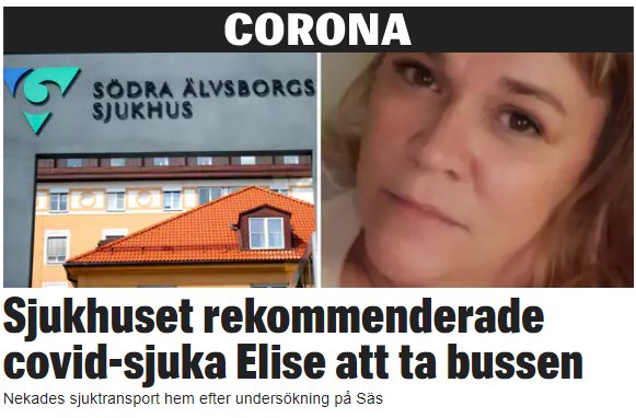 Skylt för Södra Älvsborgs Sjukhus och en bild på kvinna, med rubrik om sjukhusets råd till covid-sjuk patient.