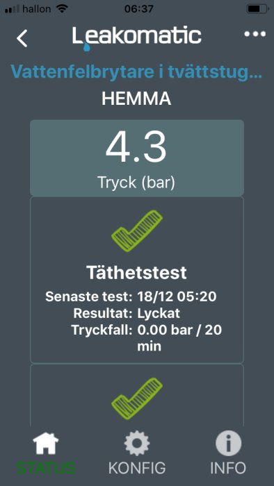 Skärmdump av Leakomatic app visar ett framgångsrikt täthetstest för vattenfelsbrytare.