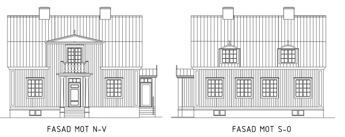 Arkitektoniska ritningar av husets fasader, en mot nordväst och en mot sydost, med detaljer för fönster och dörrar.