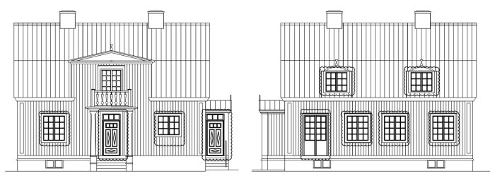 Arkitektoniska ritningar av en fasad före och efter planerat fönster- och dörrbyte.