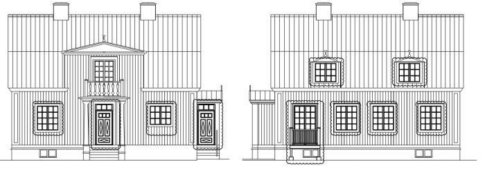 Arkitektonisk ritning av en husfasad med nya fönster och altandörr installerade.