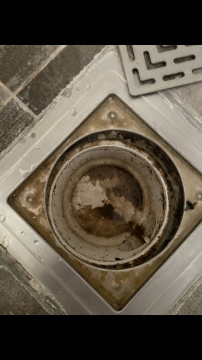Närbild på en smutsig brunnsil i ett golv, omgiven av kakelplattor.