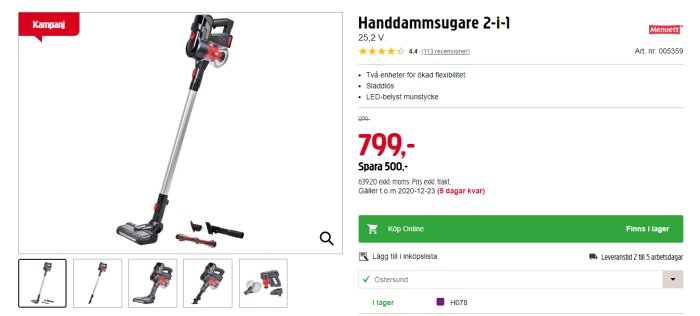 Handdammsugare 2-i-1 från Menuett på en nätbutikssida, visar huvudenheten, tillbehör och priset 799 kr med kampanjskylt.