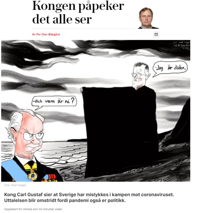 Satirisk teckning med figur som representerar döden och en sur karikatyr av kung Carl XVI Gustaf vid havet.