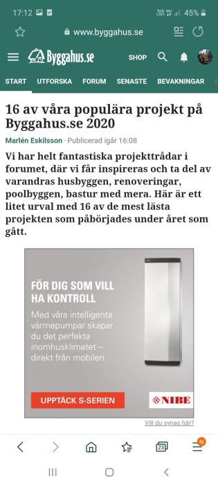 Skärmdump av en diskussionstråd på Byggahus.se med en annons för upptäckande av värmepumpar.