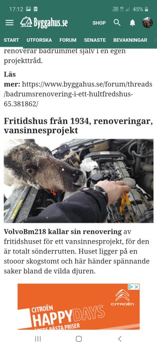 En ko sticker fram huvudet nära ett bilens öppna motorhuv på en snöig dag.
