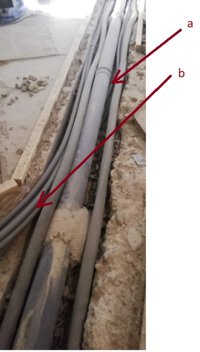 Partial view of an open pipe trench with various pipes and tagged locations 'a' and 'b' to denote specific points of interest.